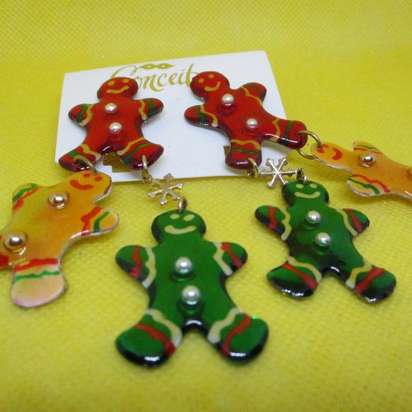 Conceits Earrings Dangle Pierced Moving Gingerbreadman Christmas Earrings - Picture 4 of 9
